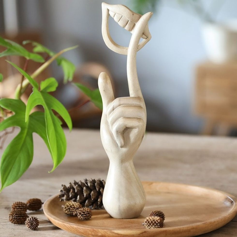 Hand-Carved Wood Sculpture of Hand Holding a Laughing Mouth 'Laughing'