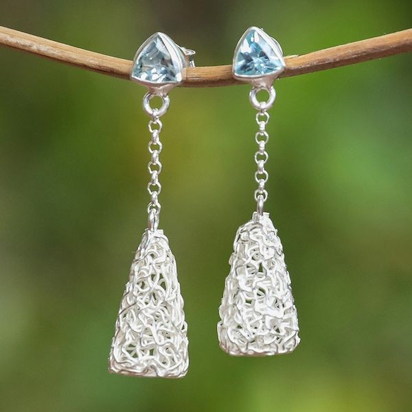 Alternate image for Modern Sterling Silver Dangle Earrings with Blue Topaz Gems Nest of Loyalty