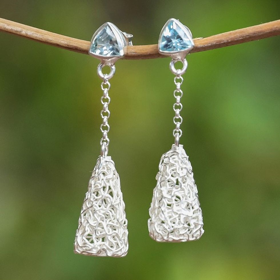 Modern Sterling Silver Dangle Earrings with Blue Topaz Gems 'Nest of Loyalty'