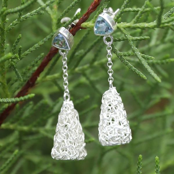 Alternate image for Modern Sterling Silver Dangle Earrings with Blue Topaz Gems Nest of Loyalty