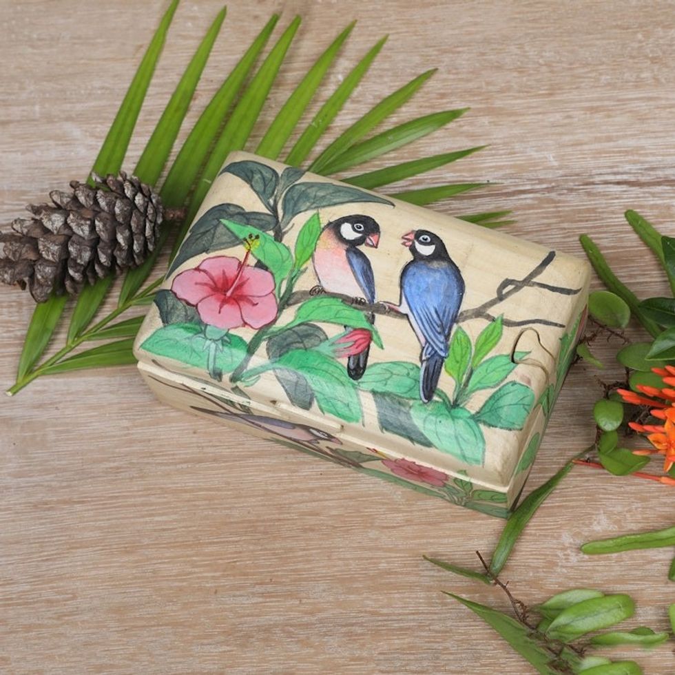 Hand-Painted Nature-Themed Suar Wood Decorative Box 'Hibiscus Couple'