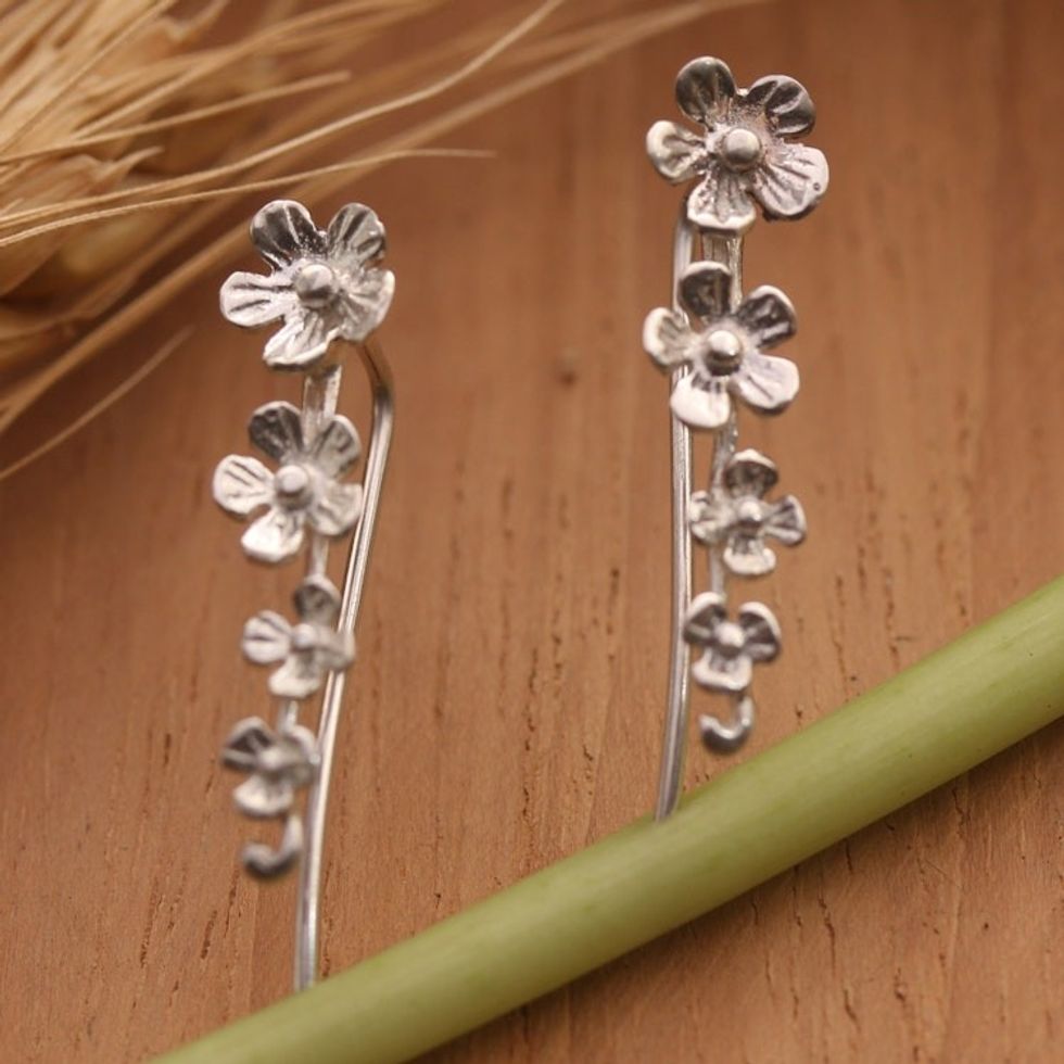 Floral-Themed Sterling Silver Drop Earrings from Bali 'Blossom Garland'