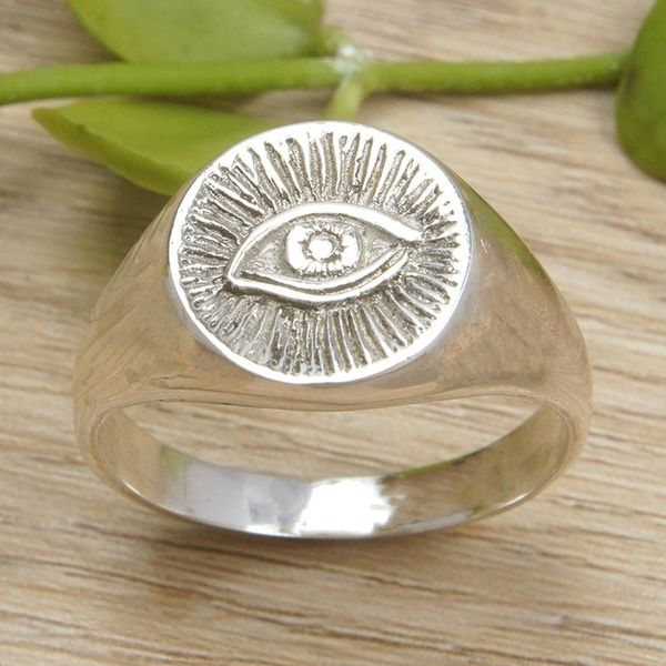 Alternate image for Polished Sterling Silver Signet Ring with Mystic Eye Symbol Icon of Mysticism