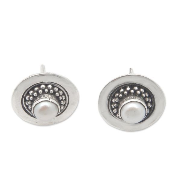 Alternate image for Sterling Silver Stud Earrings with Silver-White Pearls Beauty Orbit
