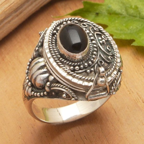 Alternate image for Sterling Silver Locket Ring with Black Onyx Stone from Bali Midnight Chic