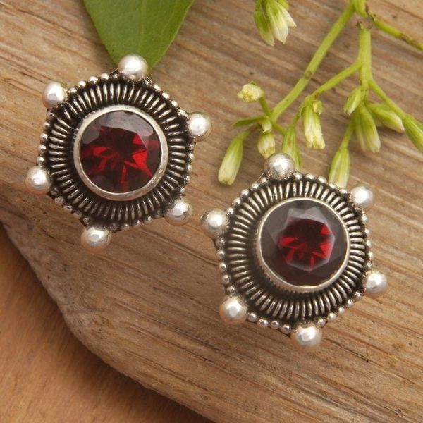 Alternate image for Polished Garnet Stud Earrings Crafted from Sterling Silver Red Universe