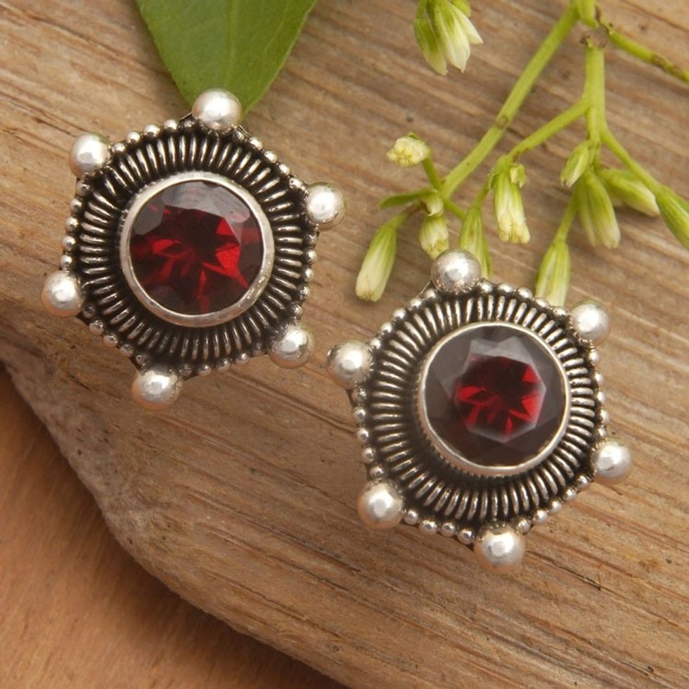 Polished Garnet Stud Earrings Crafted from Sterling Silver 'Red Universe'