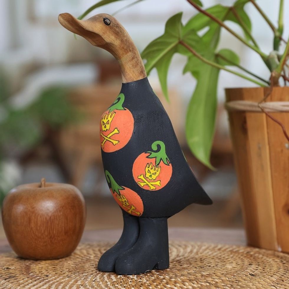Hand-Painted Bamboo Root Teakwood Halloween Duck Figurine 'Halloween Duck'