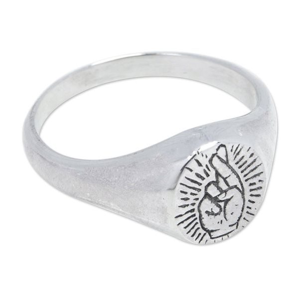 Alternate image for Polished Sterling Silver Signet Ring with Peace Symbol Icon of Peace