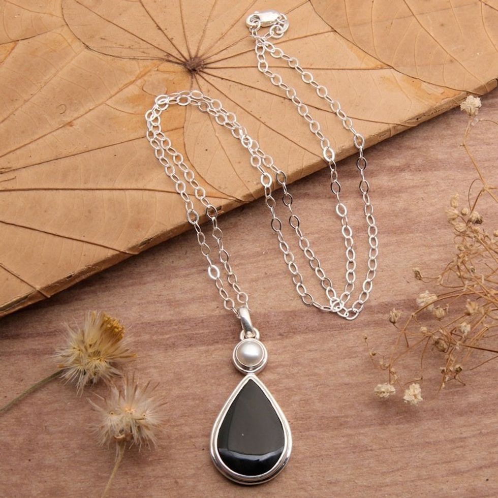Sterling Silver Pendant Necklace with Onyx Cultured Pearl 'Light and Dark Drop'