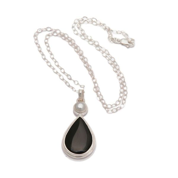 Alternate image for Sterling Silver Pendant Necklace with Onyx Cultured Pearl Light and Dark Drop