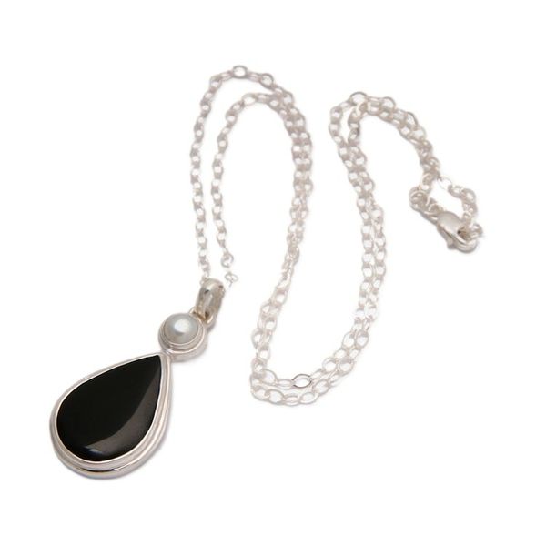 Alternate image for Sterling Silver Pendant Necklace with Onyx Cultured Pearl Light and Dark Drop