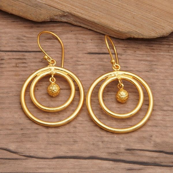 Alternate image for Round 18k Gold-Plated Brass Dangle Earrings from Bali Swinging Sphere