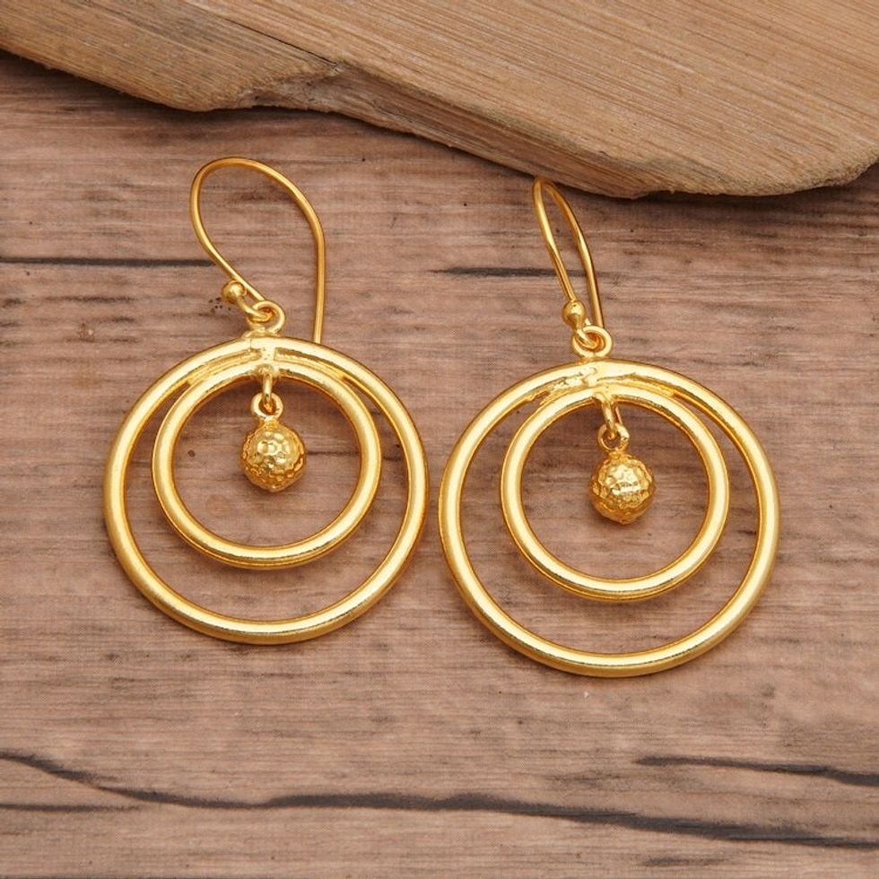 Round 18k Gold-Plated Brass Dangle Earrings from Bali 'Swinging Sphere'