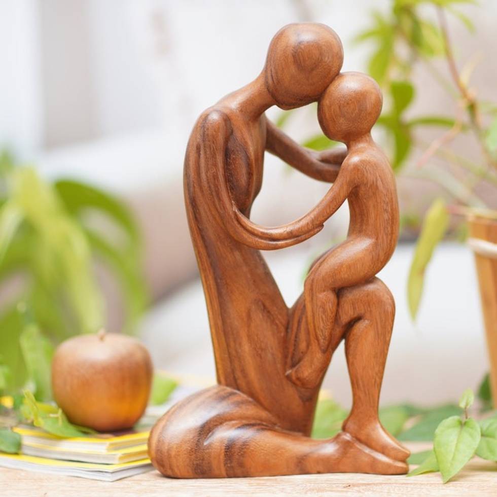 Abstract Father Son Sculpture Hand-Carved in Wood in Bali 'Memories from my Childhood'