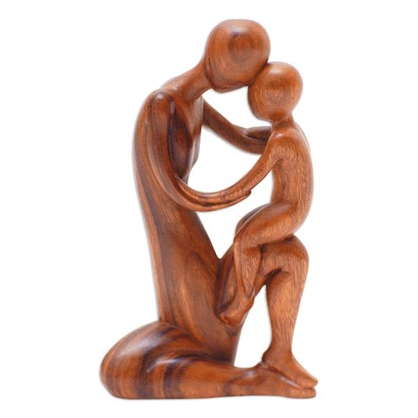 Alternate image for Abstract Father Son Sculpture Hand-Carved in Wood in Bali Memories from my Childhood
