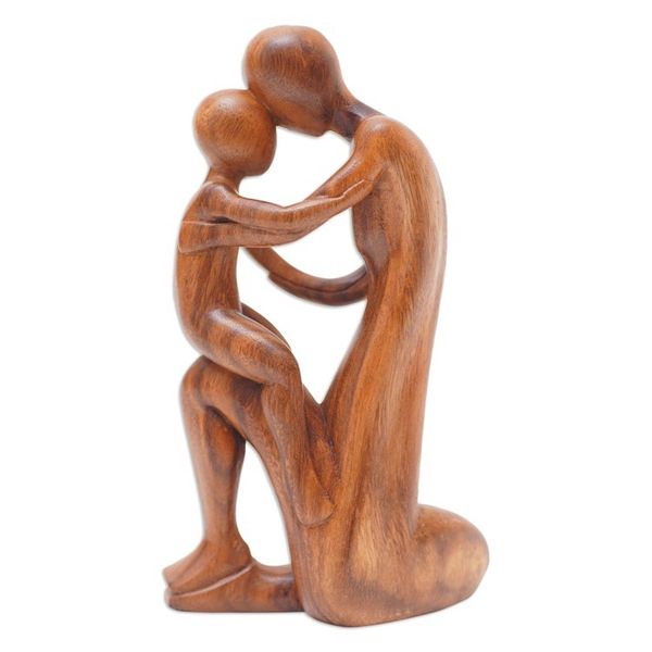 Alternate image for Abstract Father Son Sculpture Hand-Carved in Wood in Bali Memories from my Childhood