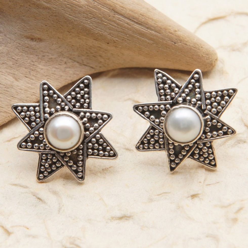 Sterling Silver Star Button Earrings with Cultured Pearls 'Chic Star'