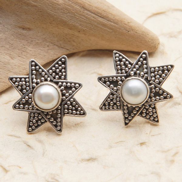 Alternate image for Sterling Silver Star Button Earrings with Cultured Pearls Chic Star