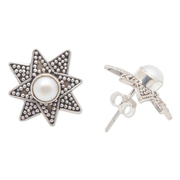 Alternate image for Sterling Silver Star Button Earrings with Cultured Pearls Chic Star