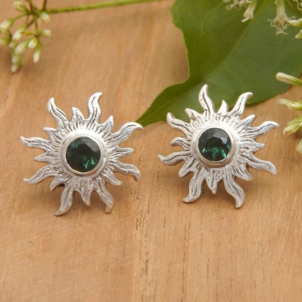 Alternate image for Sterling Silver Sun Button Earrings with Green Quartz Gems Green Sunlight