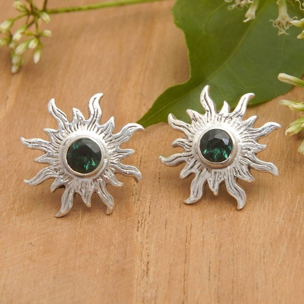 Sterling Silver Sun Button Earrings with Green Quartz Gems 'Green Sunlight'