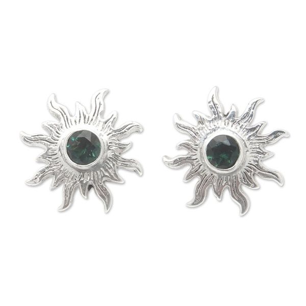 Alternate image for Sterling Silver Sun Button Earrings with Green Quartz Gems Green Sunlight
