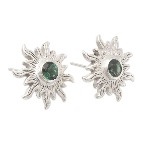 Alternate image for Sterling Silver Sun Button Earrings with Green Quartz Gems Green Sunlight