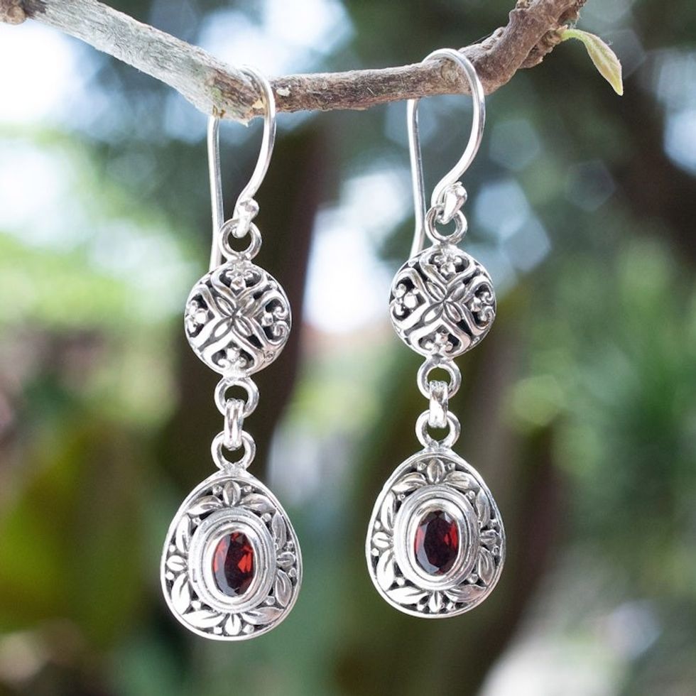 Sterling Silver Garnet Dangle Earrings with Leaf Motifs 'Red Summer'