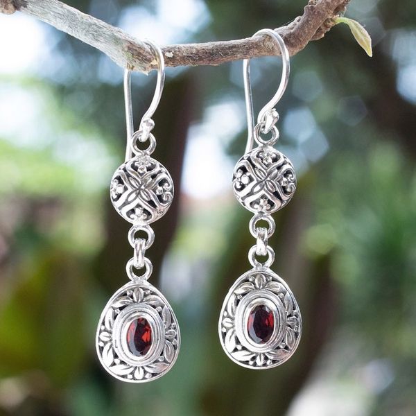 Alternate image for Sterling Silver Garnet Dangle Earrings with Leaf Motifs Red Summer