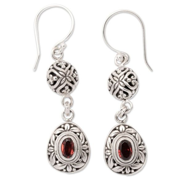 Alternate image for Sterling Silver Garnet Dangle Earrings with Leaf Motifs Red Summer