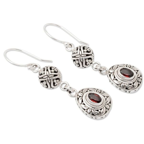 Alternate image for Sterling Silver Garnet Dangle Earrings with Leaf Motifs Red Summer
