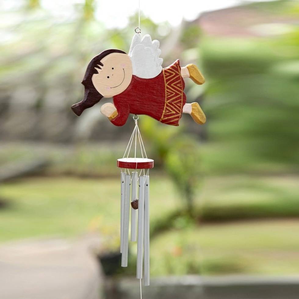Hand-Painted Red Wood Angel Wind Chime Christmas Decor 'Grinning Angel'