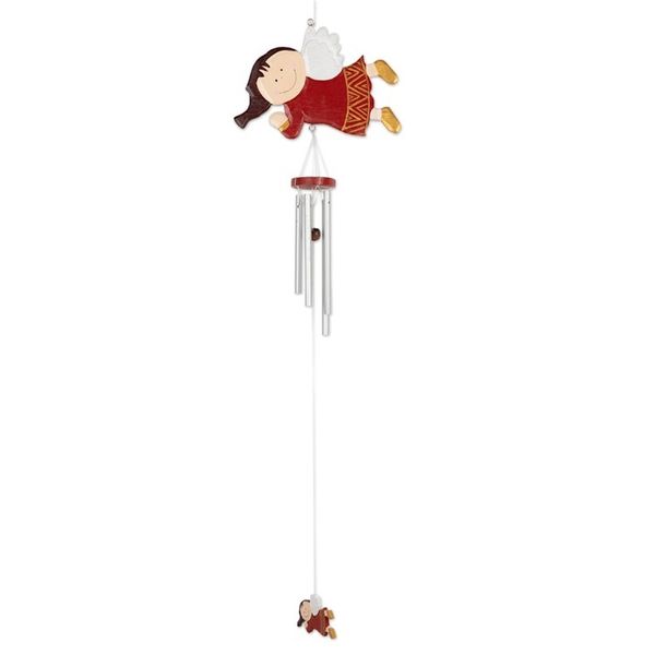 Alternate image for Hand-Painted Red Wood Angel Wind Chime Christmas Decor Grinning Angel