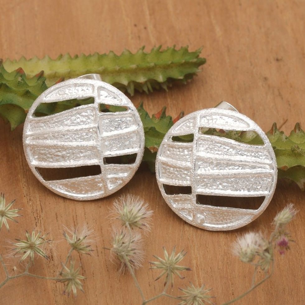 Modern Textured Circular Sterling Silver Button Earrings 'Magical Circles'