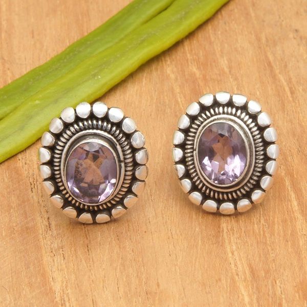 Alternate image for Sterling Silver Button Earrings with Oval Amethyst Stone Dreamy Purple