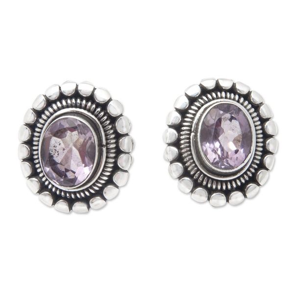 Alternate image for Sterling Silver Button Earrings with Oval Amethyst Stone Dreamy Purple