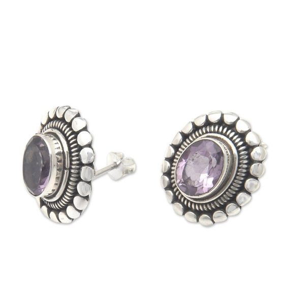 Alternate image for Sterling Silver Button Earrings with Oval Amethyst Stone Dreamy Purple