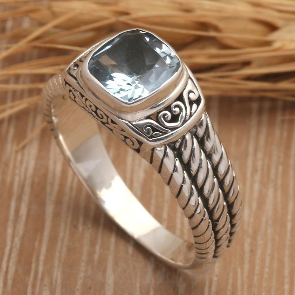 Traditional Balinese One-Carat Blue Topaz Cocktail Ring 'Ocean Glimmer'