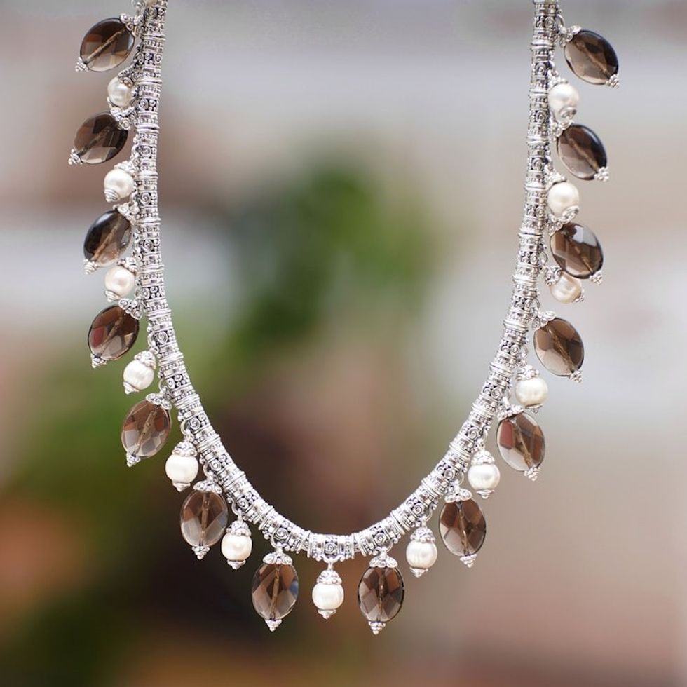 Traditional Smoky Quartz and Cultured Pearl Beaded Necklace 'Eclipses'
