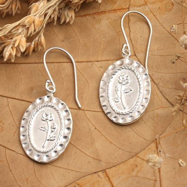 Alternate image for Textured Sterling Silver Dangle Earrings with Rose Motif Delightful Rose