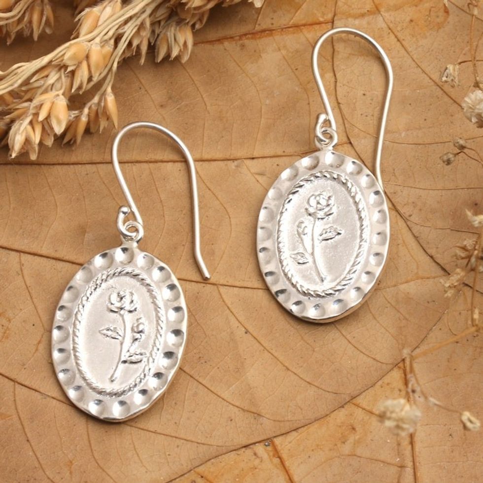 Textured Sterling Silver Dangle Earrings with Rose Motif 'Delightful Rose'