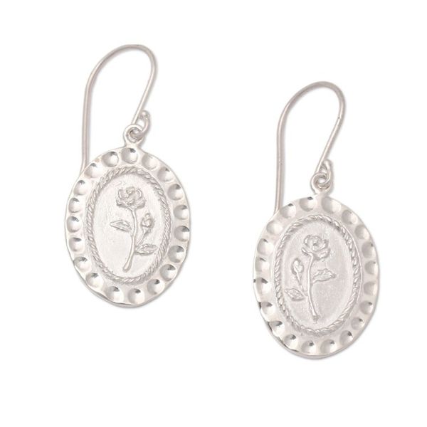 Alternate image for Textured Sterling Silver Dangle Earrings with Rose Motif Delightful Rose