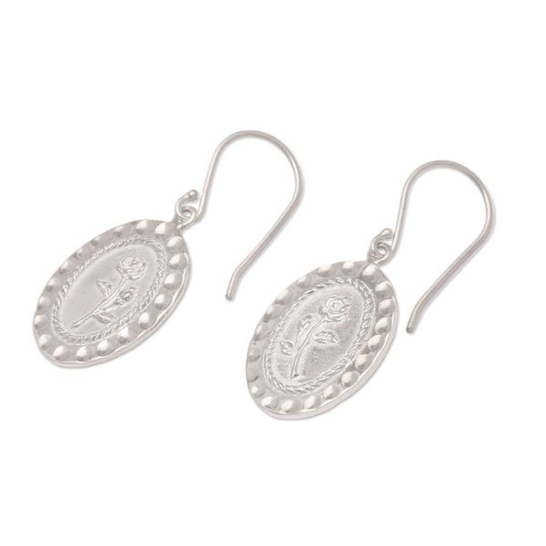 Alternate image for Textured Sterling Silver Dangle Earrings with Rose Motif Delightful Rose