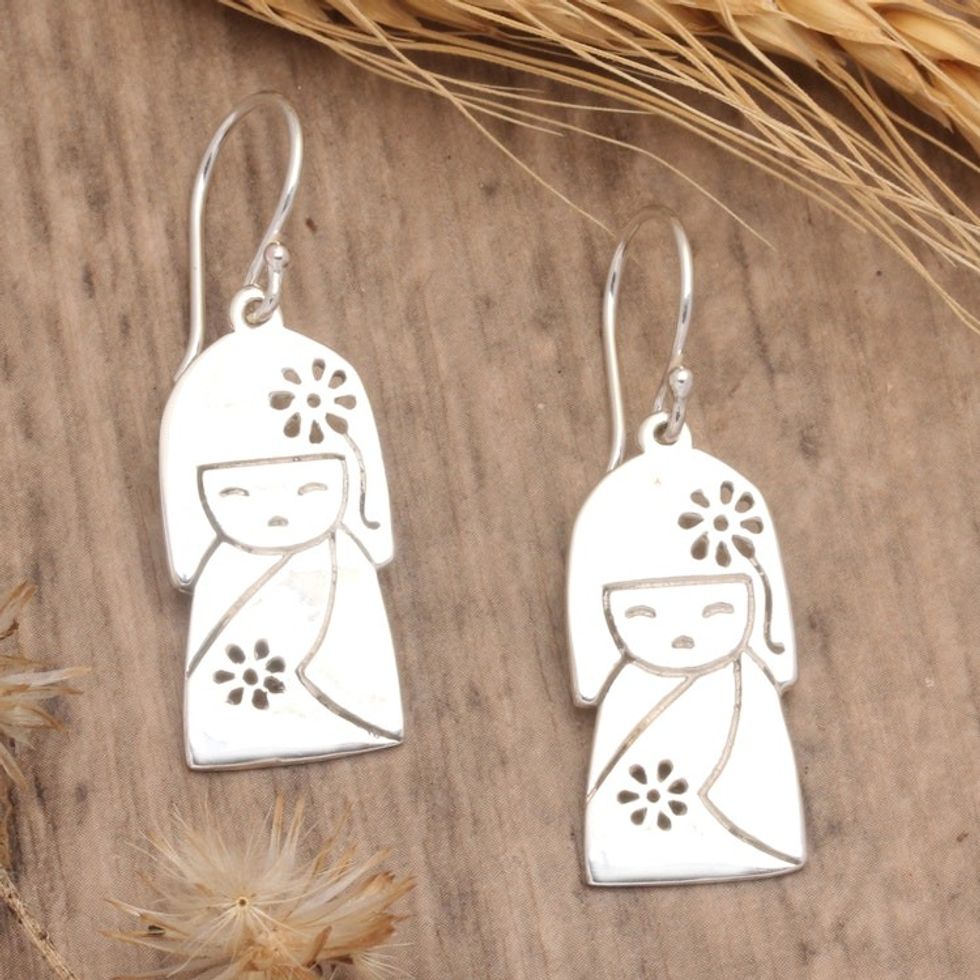 Jizo Girl-Themed Sterling Silver Dangle Earrings from Bali 'Jizo Spirit'