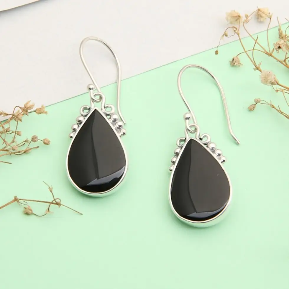 Sterling Silver Onyx Dangle Earrings with Dot Accents 'Snowy Night'