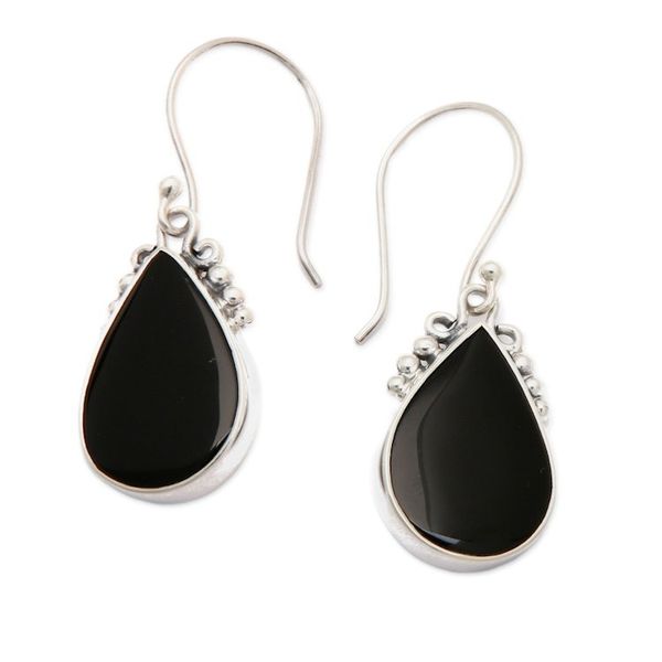 Alternate image for Sterling Silver Onyx Dangle Earrings with Dot Accents Snowy Night
