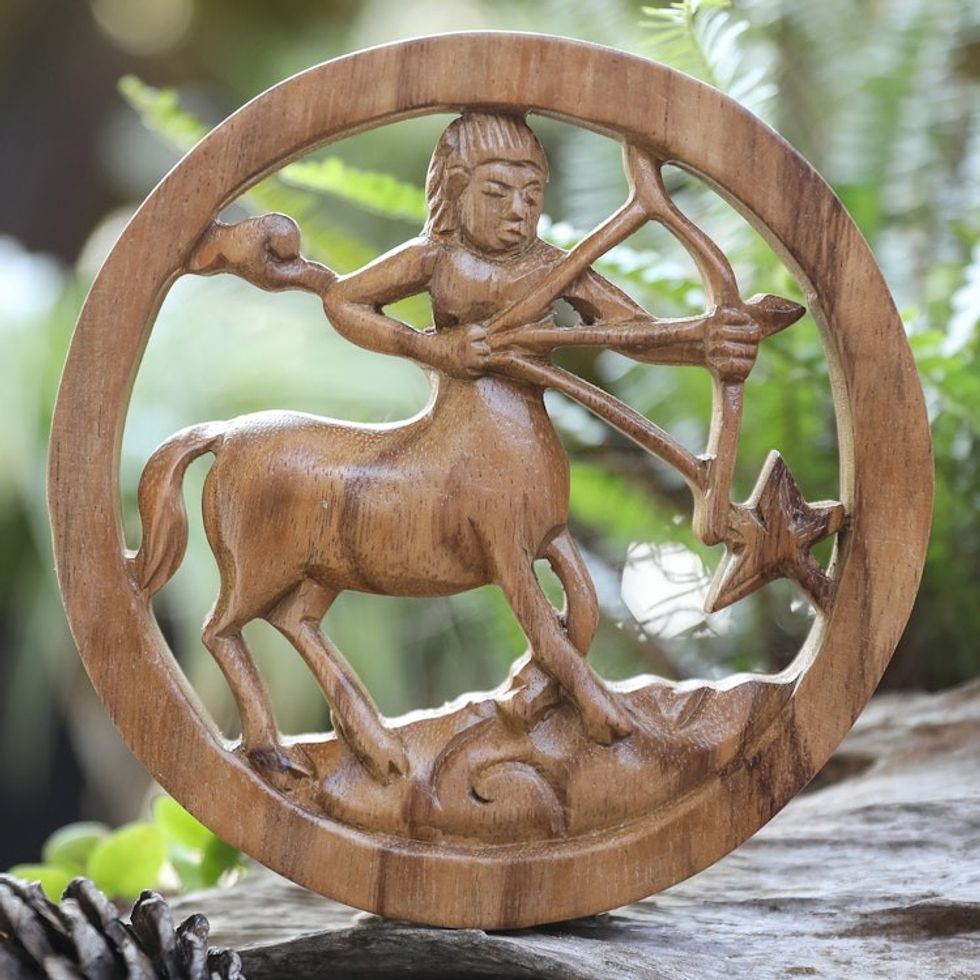 Sagittarius-Themed Hand-Carved Round Suar Wood Relief Panel 'Sagittarius Firmament'