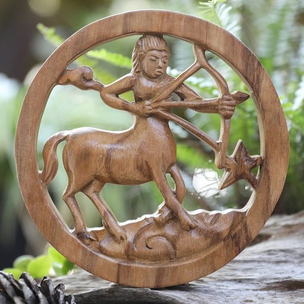 Alternate image for Sagittarius-Themed Hand-Carved Round Suar Wood Relief Panel Sagittarius Firmament