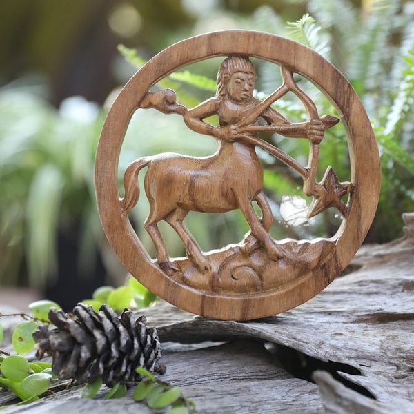 Alternate image for Sagittarius-Themed Hand-Carved Round Suar Wood Relief Panel Sagittarius Firmament